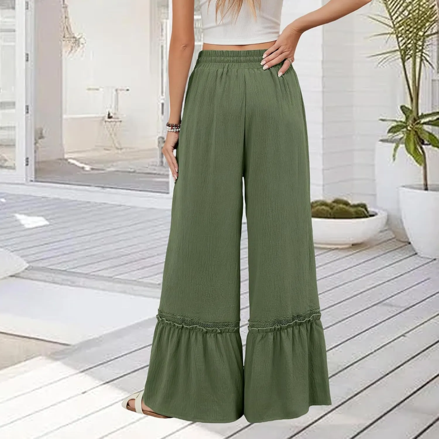 Womens Casual Pants Trendy High Waisted Wide Leg Pant Summer Flowy Baggy Drawstring Ruffle Leg Trousers with Pockets
