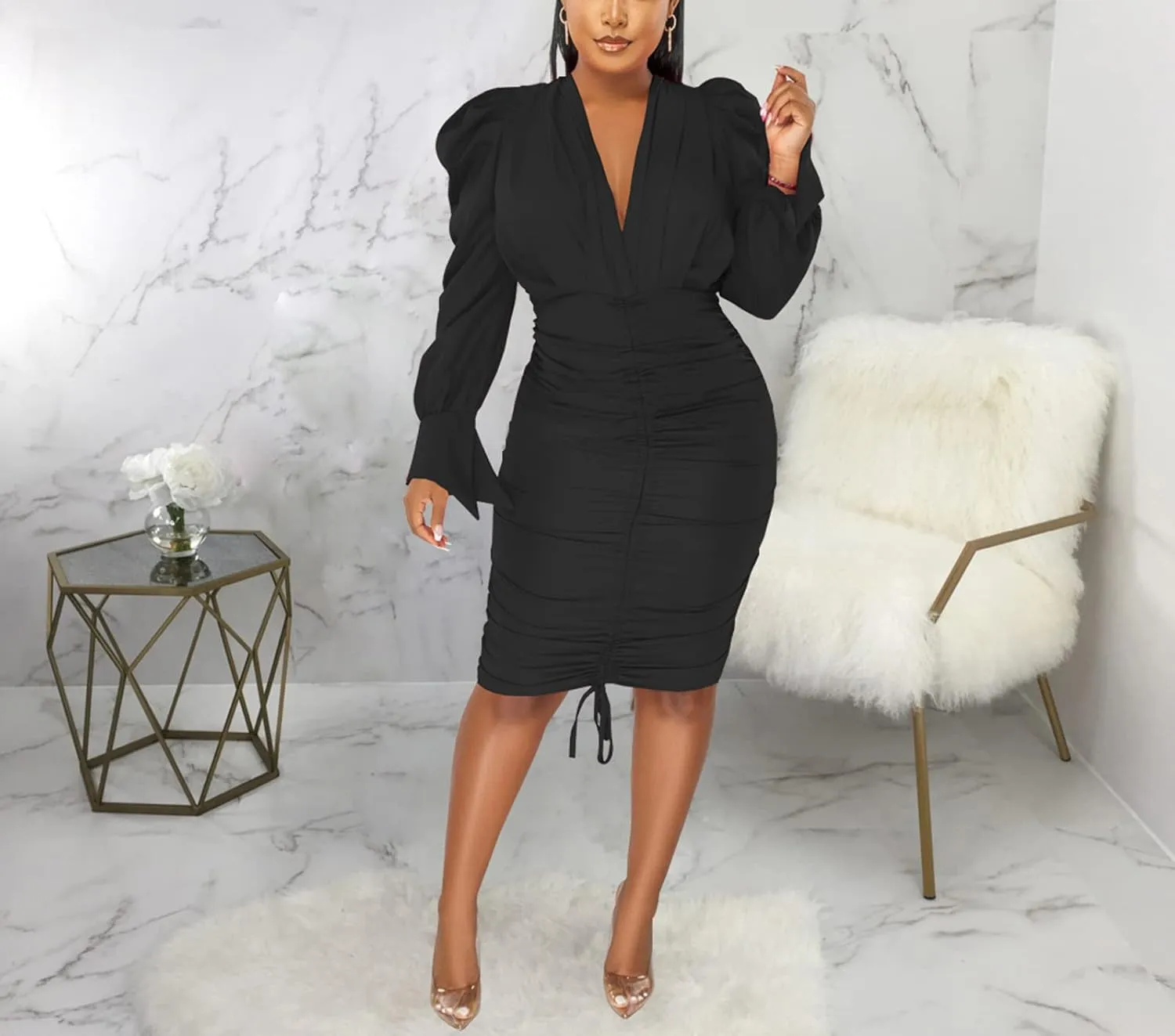 Women's Elegant Bodycon Long Dresses Deep V Neck Long Sleeves Club Night Party Midi Dress