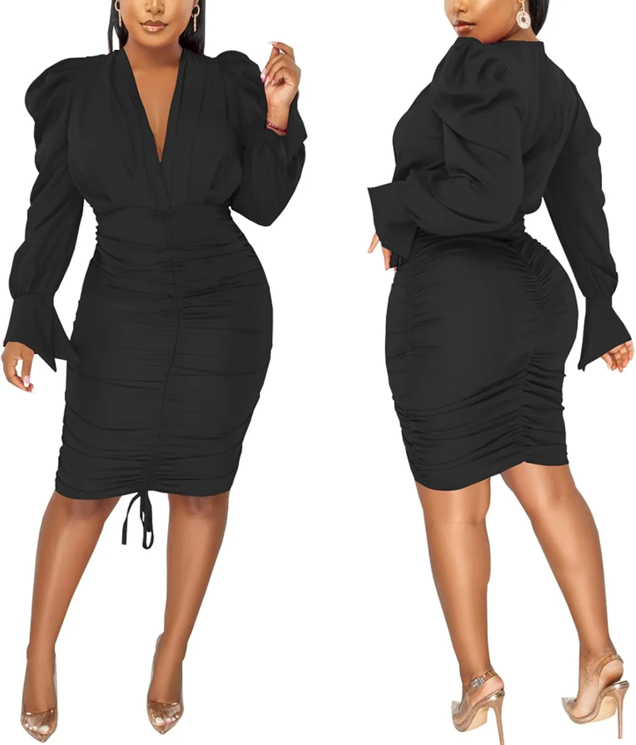 Women's Elegant Bodycon Long Dresses Deep V Neck Long Sleeves Club Night Party Midi Dress