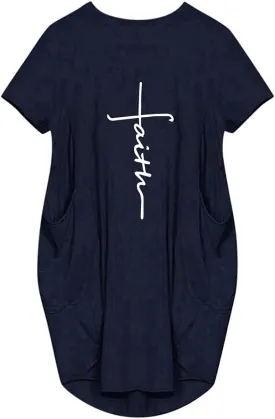 Women's Faith Baggy T-Shirt Dress Casual Oversize Short Sleeve Midi Dresses with Pocket