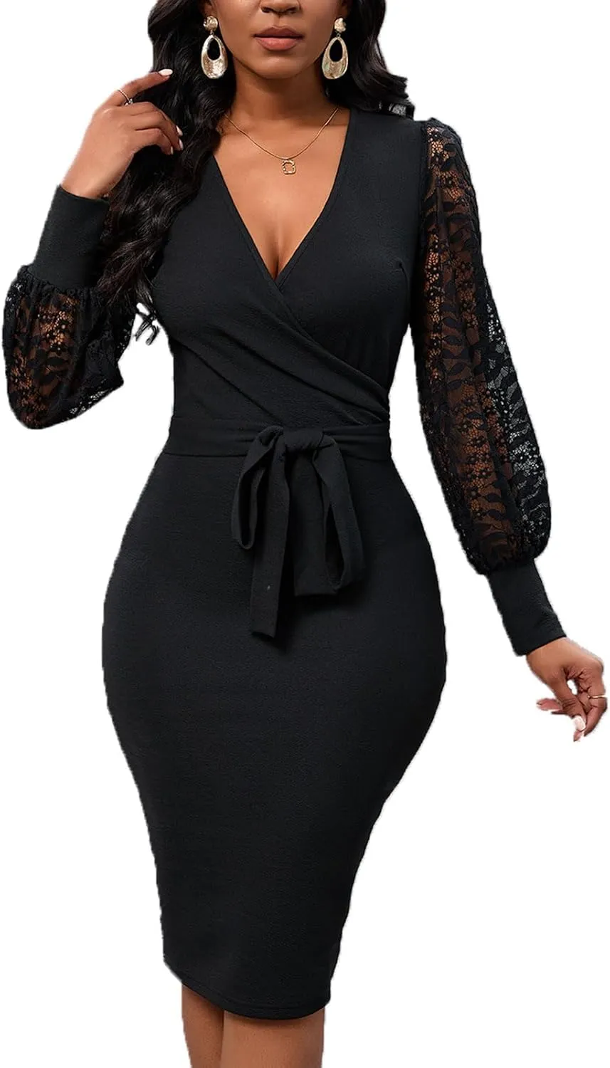 Womens Sexy Wrap V Neck Lantern Lace Long Sleeve Bodycon Midi Dress Semi Formal Cocktail Party Dresses