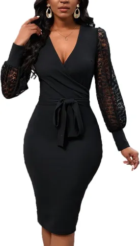 Womens Sexy Wrap V Neck Lantern Lace Long Sleeve Bodycon Midi Dress Semi Formal Cocktail Party Dresses