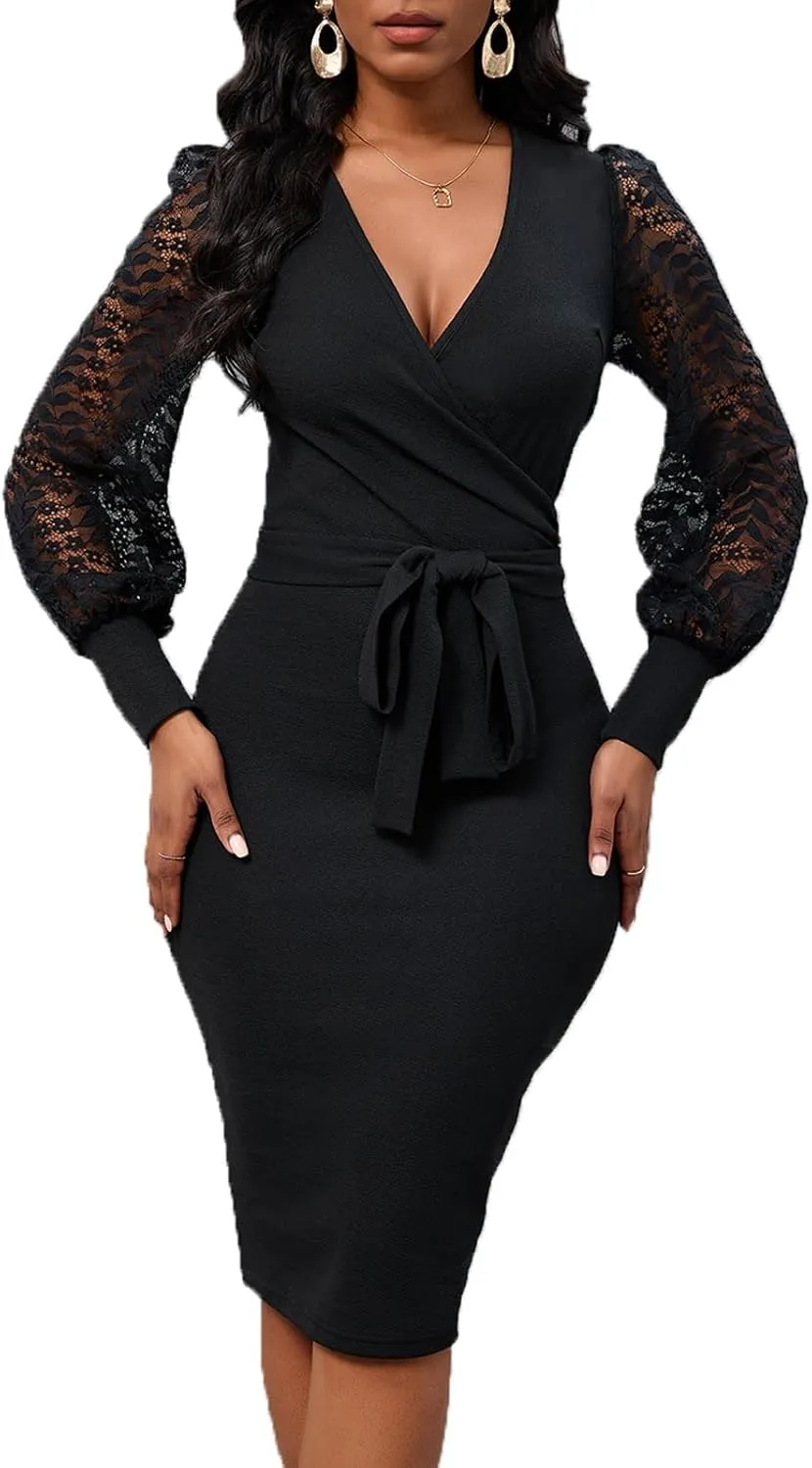 Womens Sexy Wrap V Neck Lantern Lace Long Sleeve Bodycon Midi Dress Semi Formal Cocktail Party Dresses