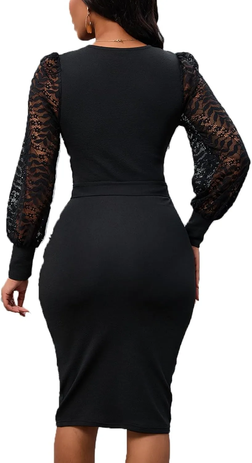 Womens Sexy Wrap V Neck Lantern Lace Long Sleeve Bodycon Midi Dress Semi Formal Cocktail Party Dresses