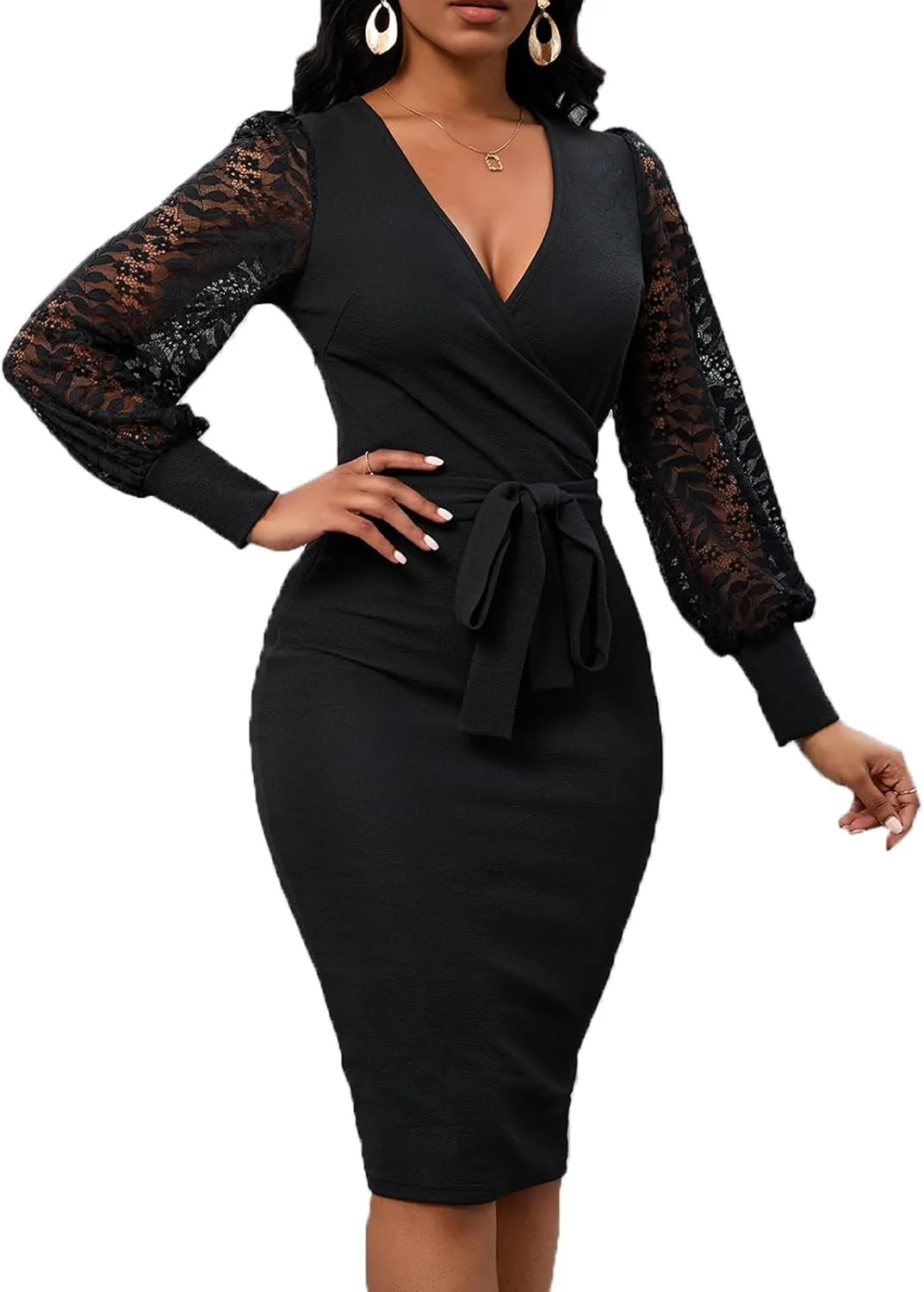 Womens Sexy Wrap V Neck Lantern Lace Long Sleeve Bodycon Midi Dress Semi Formal Cocktail Party Dresses