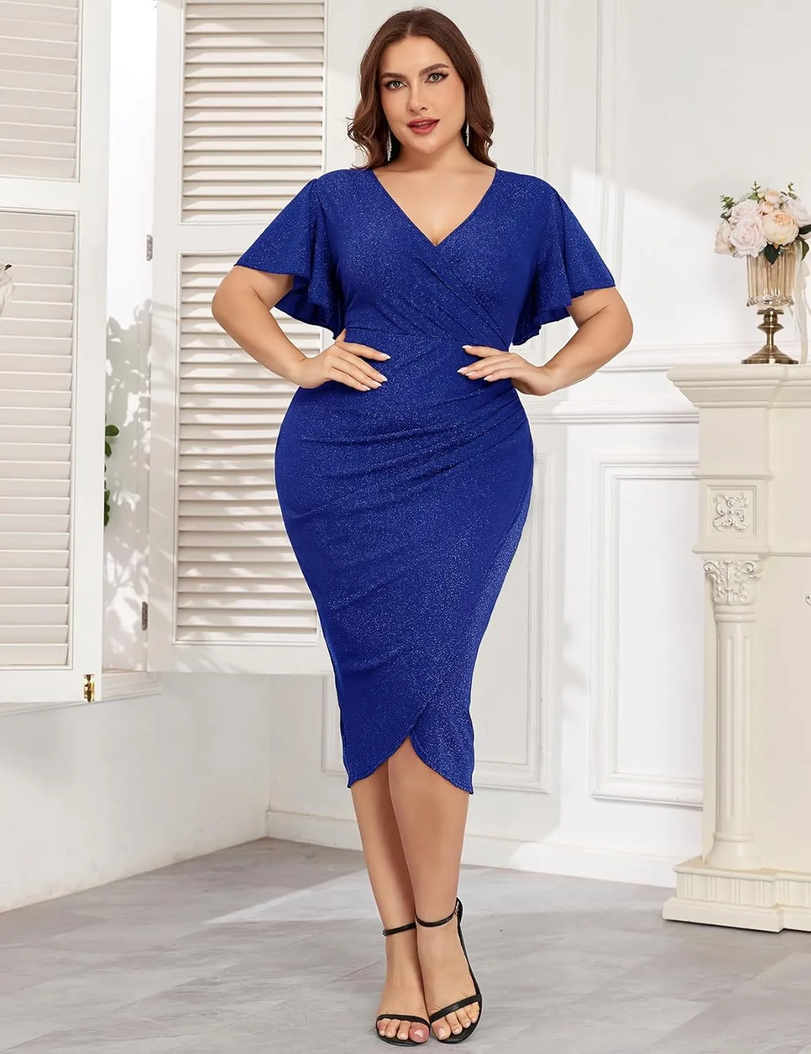 ZOMVA Plus Size 0X-4X Sparkly Glitter Ruched Bodycon Midi Dress Sparkle Sequin Wrap Ruffle Sleeve Dress Cocktail Party Formal