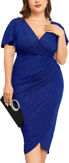 ZOMVA Plus Size 0X-4X Sparkly Glitter Ruched Bodycon Midi Dress Sparkle Sequin Wrap Ruffle Sleeve Dress Cocktail Party Formal